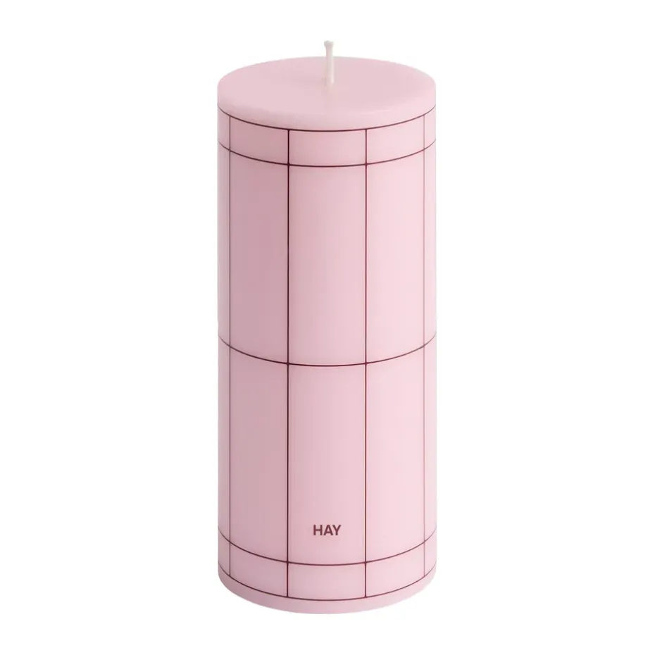 Column Candle blockljus small 15 cm, Light pink-bordeaux grid