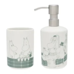 Mumin tvålpump och tandborstställ, Badstund grön-vit