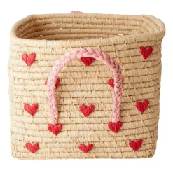 Rice raffiakorg med handtag 30x30 cm, Red hearts